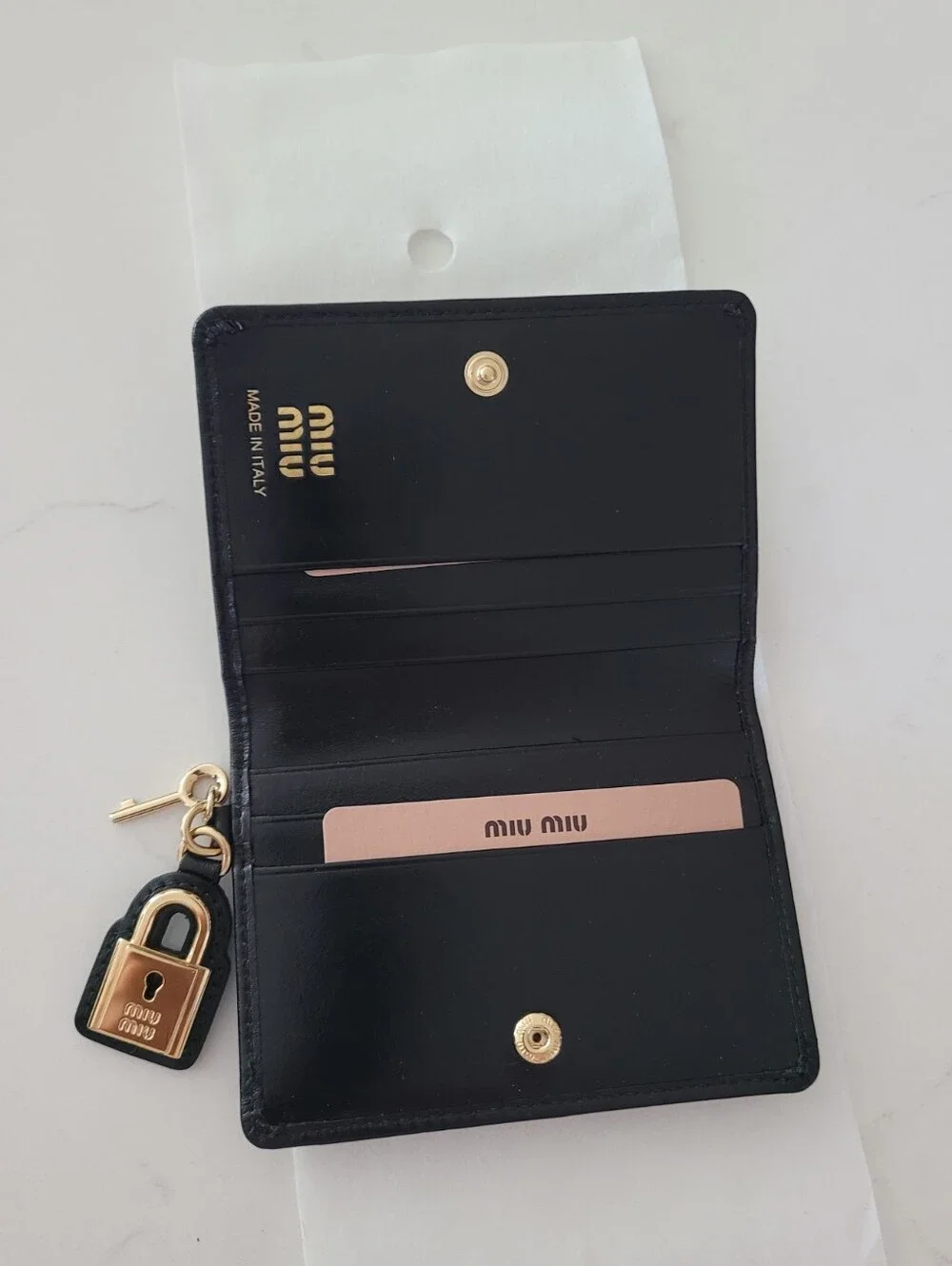 Miu Miu small black leather wallet with gold Pendent Lock Charm